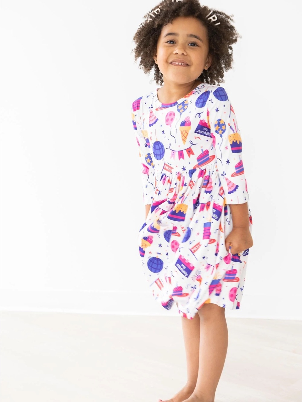 Mila & Rose Girls White Party Print Dress with Pink & Purple Accents